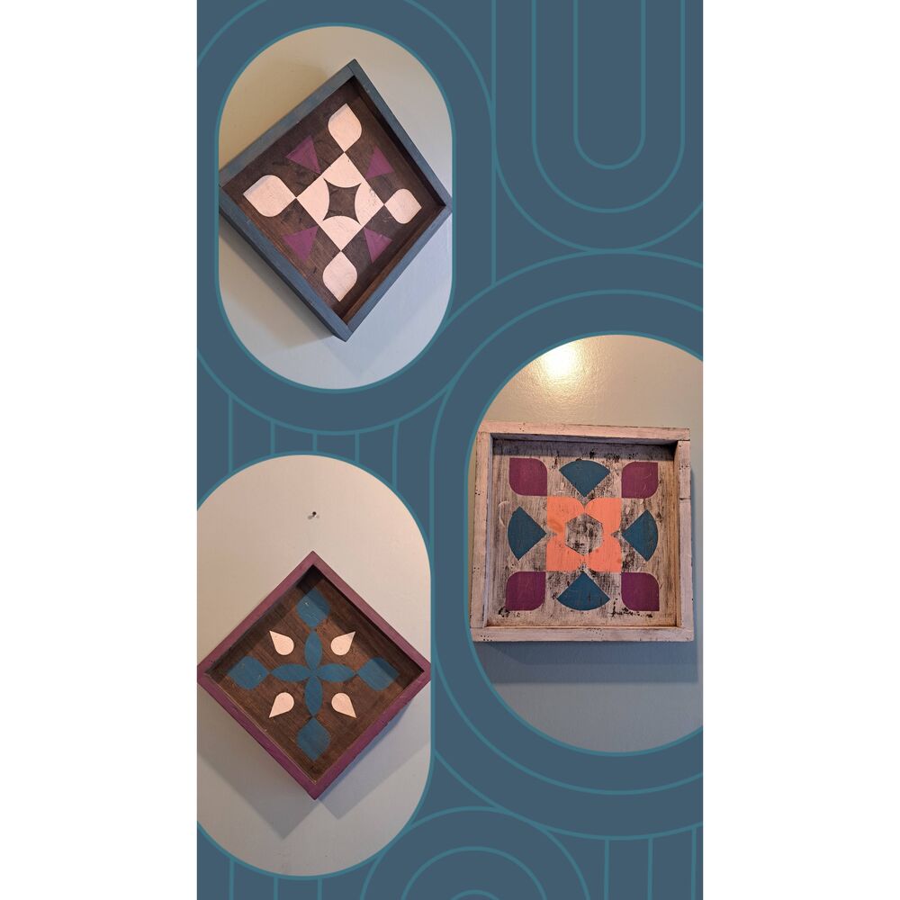 Wooden Quilt Block Wall Decor Set 12.75” Square Cottage Farmhouse Style